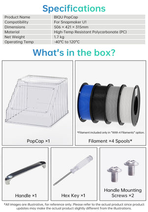 BIQU PopCap top cover for Snapmaker U1 — specifications and package contents