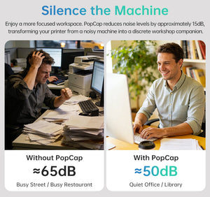 BIQU PopCap top cover for Snapmaker U1 — noise comparison, 65 dB open versus 50 dB enclosed