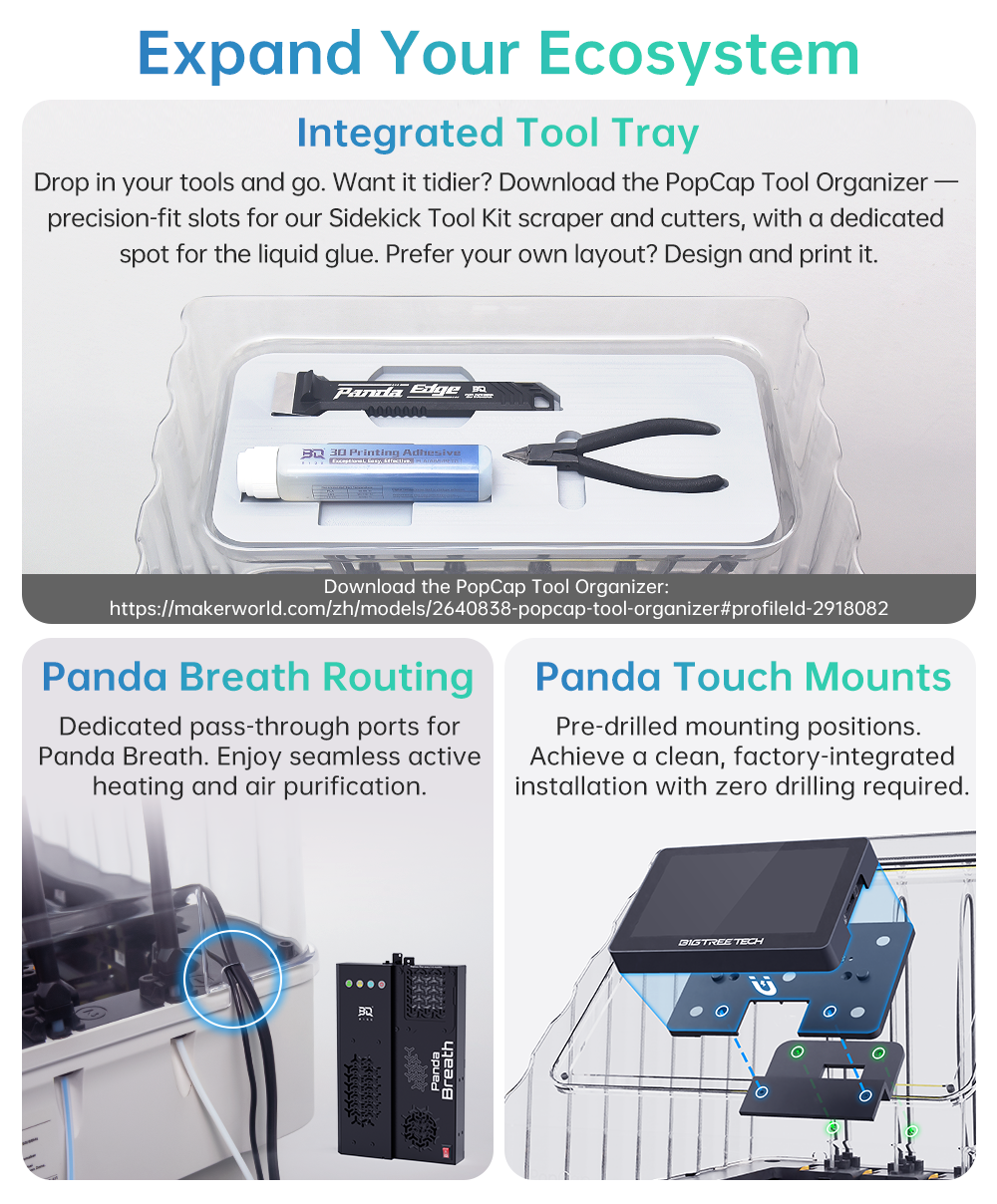 BIQU PopCap top cover for Snapmaker U1 — integrated tool tray, Panda Breath routing ports and Panda Touch mounts