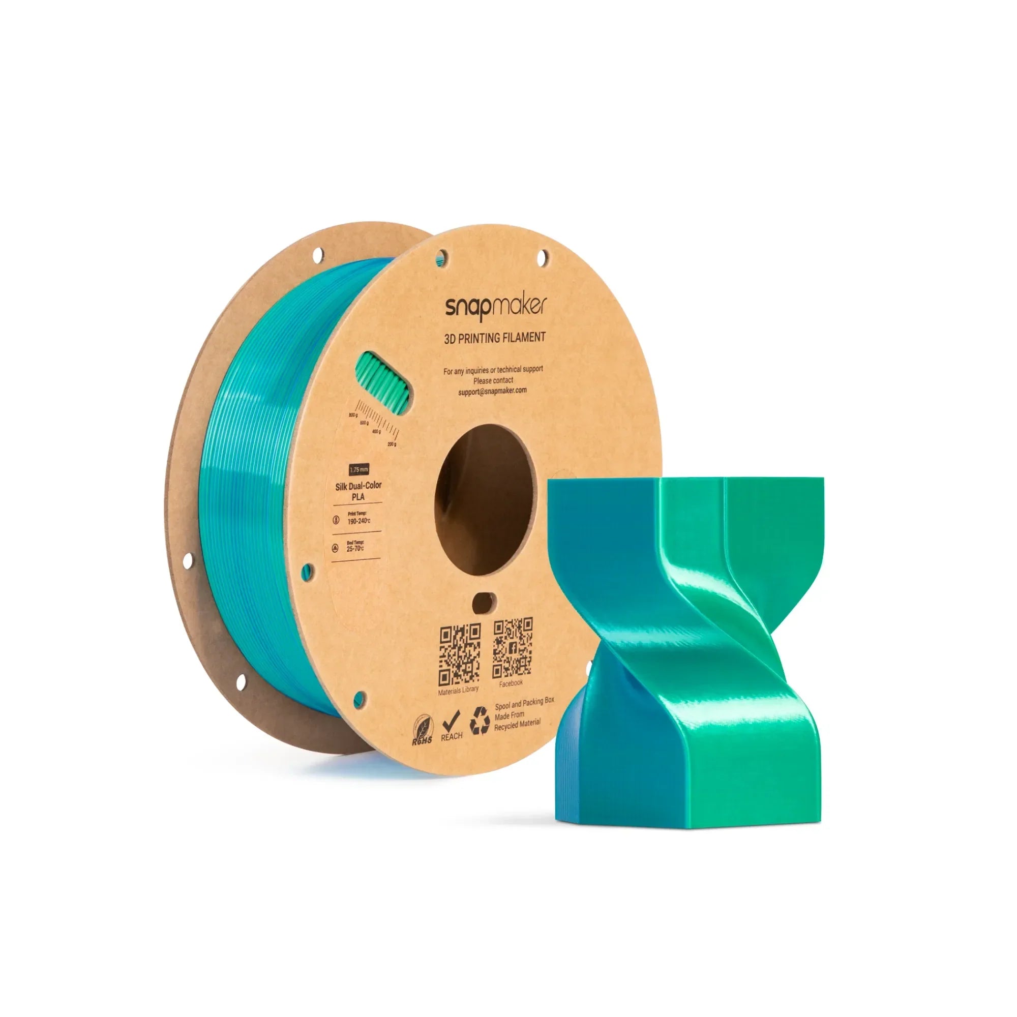Snapmaker Silk Dual-Color PLA Filament in Sea Glass — spool, view 1