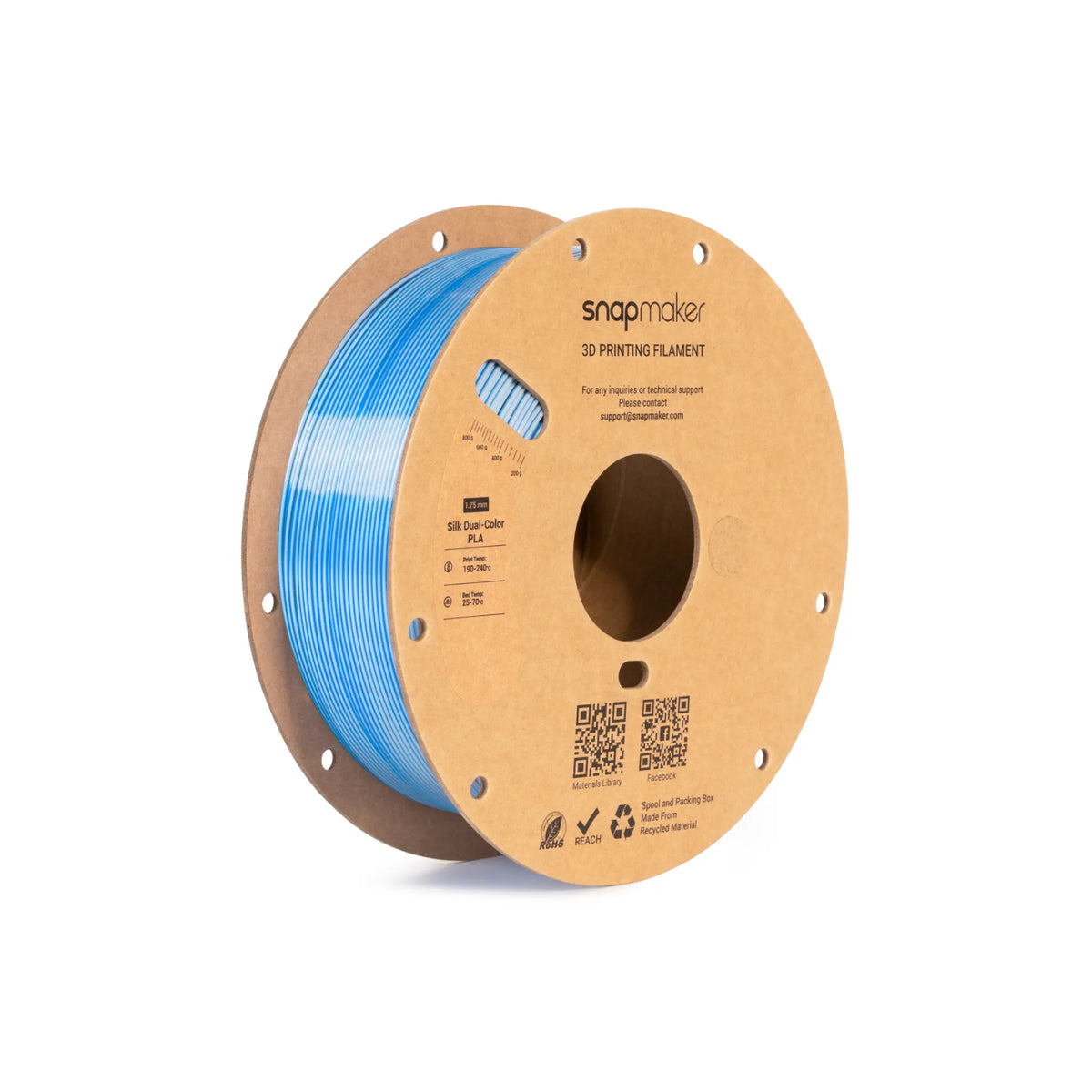 Snapmaker Silk Dual-Color PLA Filament in Ice Lake — spool, view 2