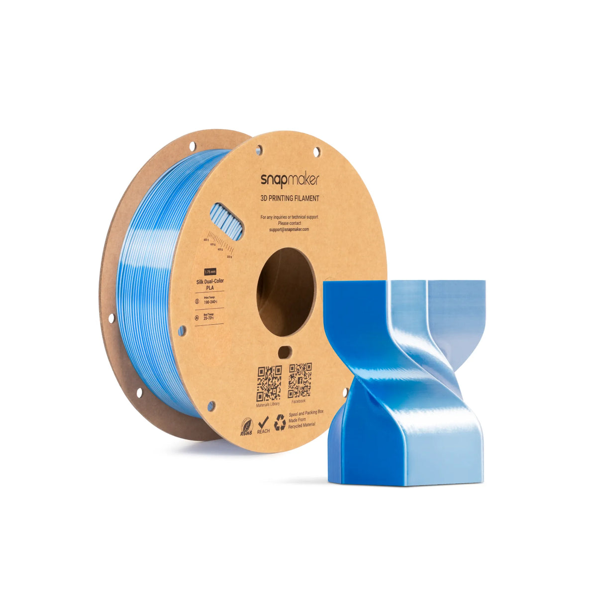 Snapmaker Silk Dual-Color PLA Filament in Ice Lake — spool, view 1