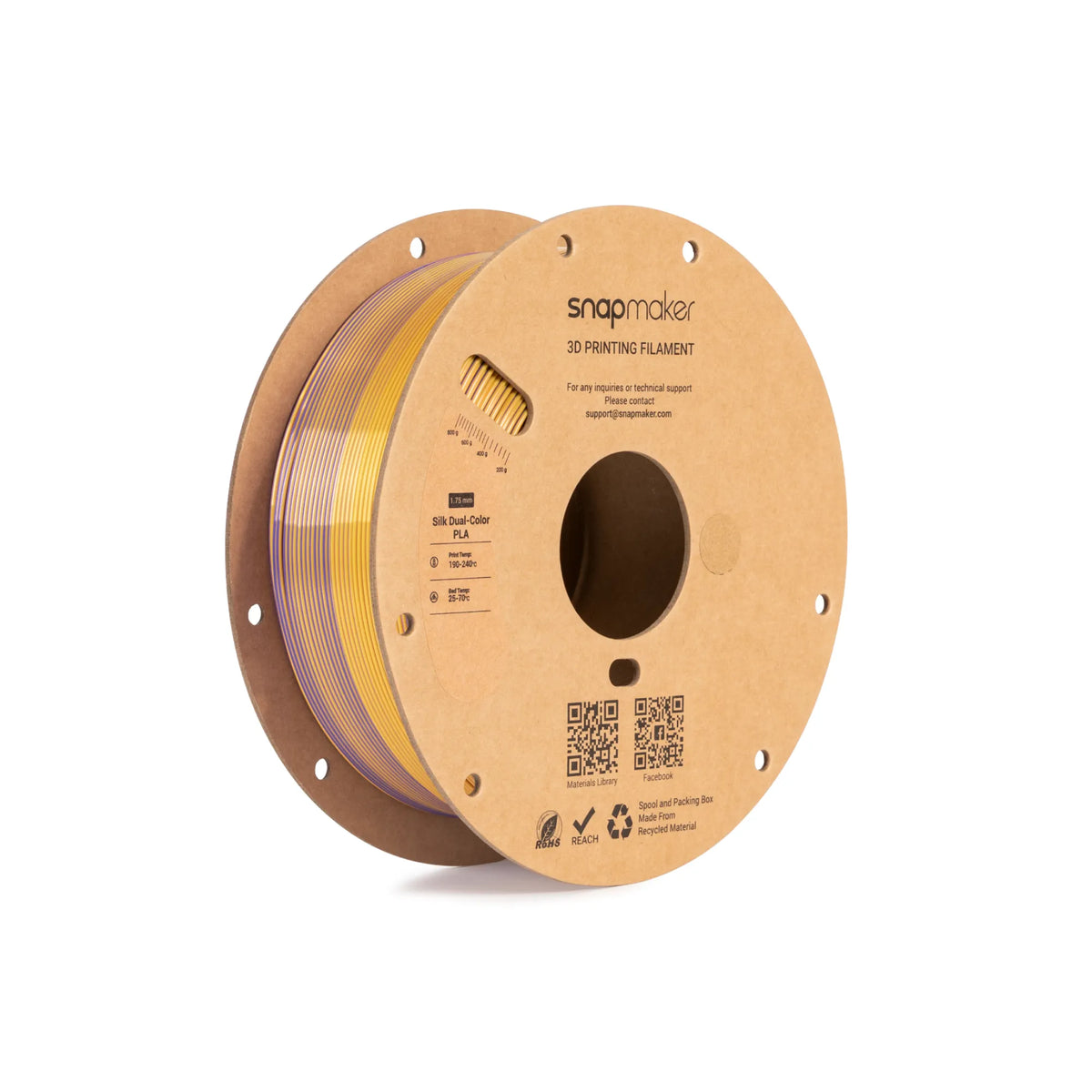 Snapmaker Silk Dual-Color PLA Filament in Aurora Gold — spool, view 2