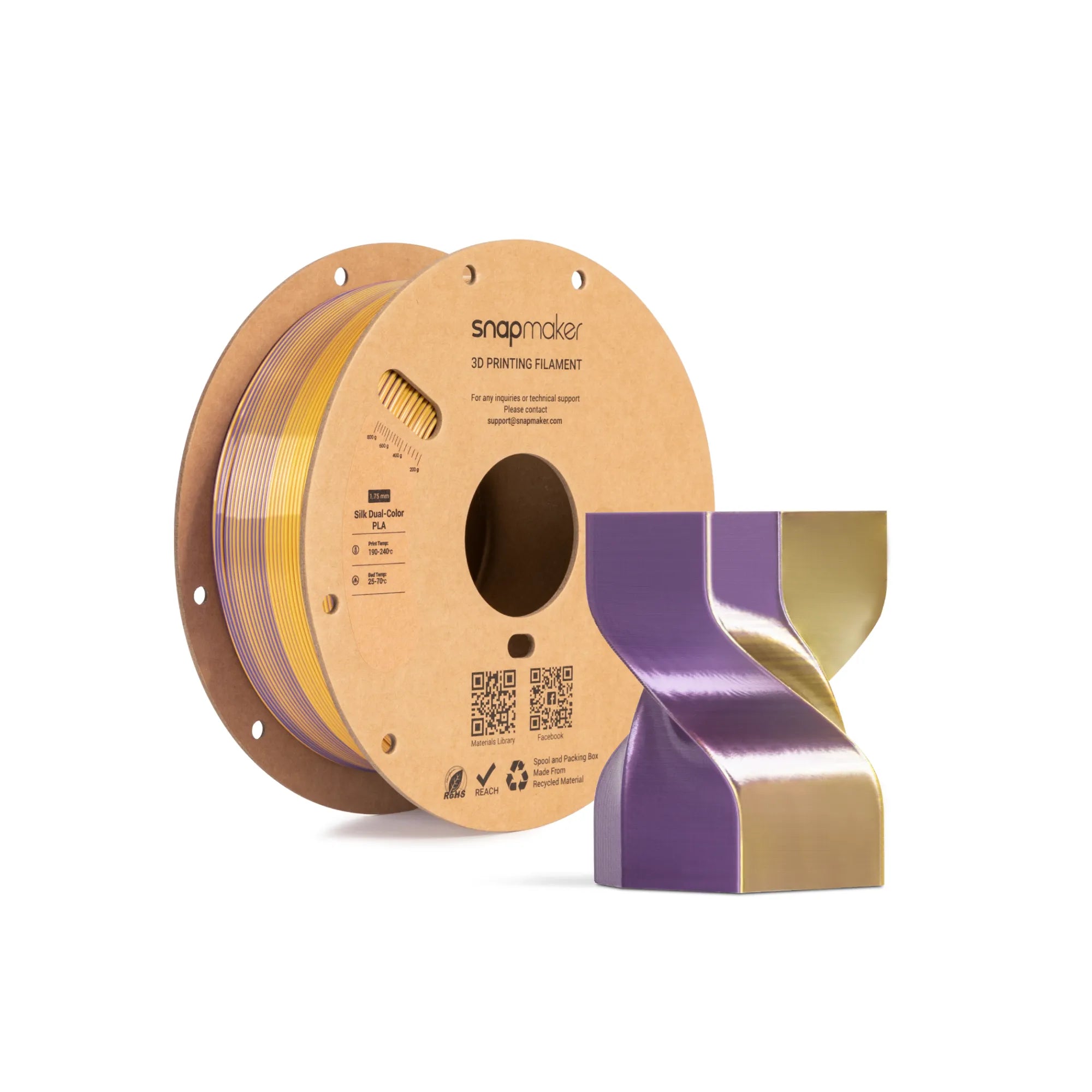 Snapmaker Silk Dual-Color PLA Filament in Aurora Gold — spool, view 1