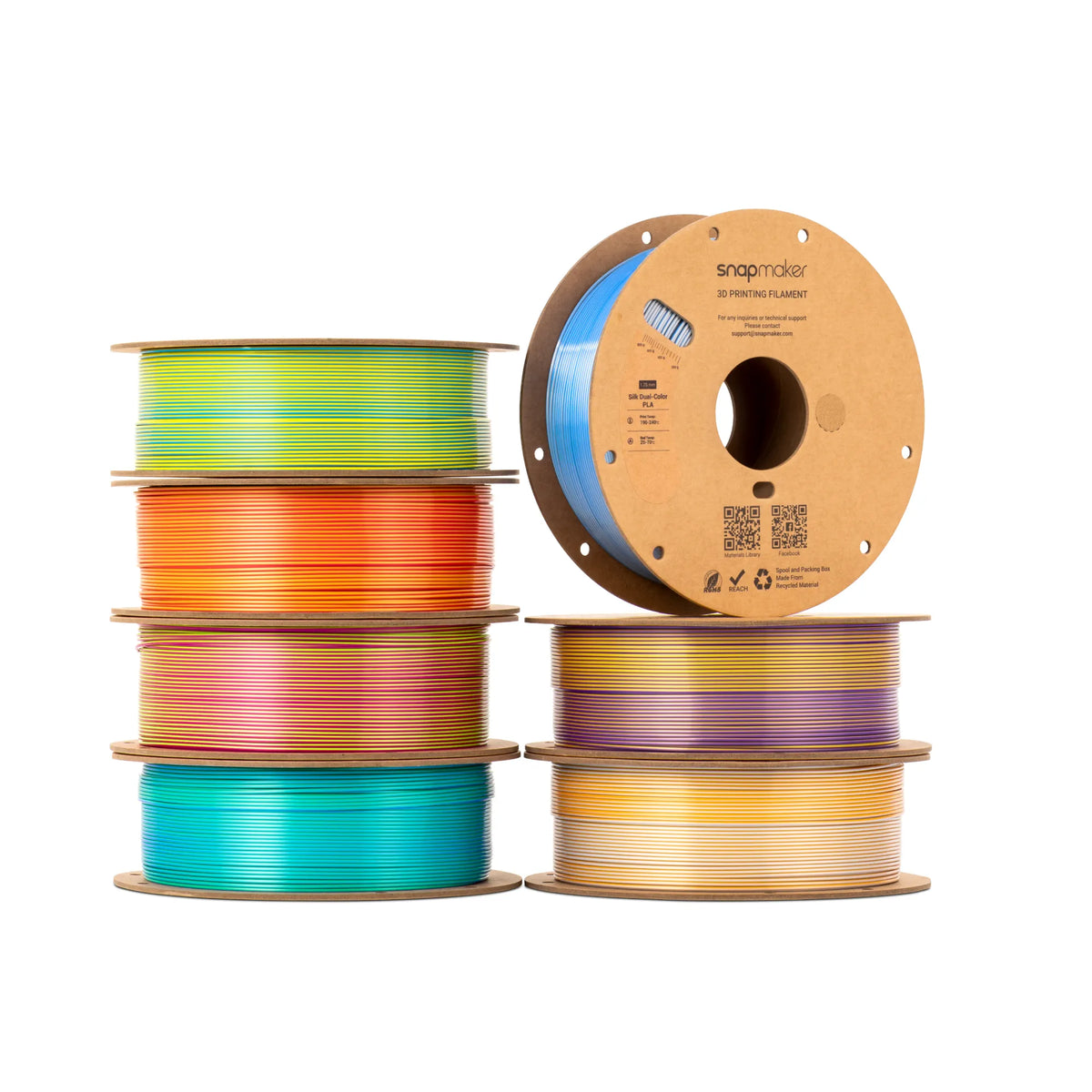 Snapmaker Silk Dual-Color PLA Filament 1.75mm 1KG — stacked spools in multiple dual-color blends