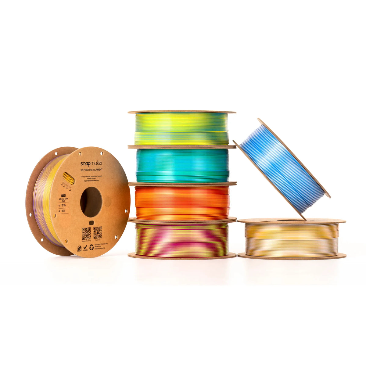 Snapmaker Silk Dual-Color PLA Filament — spool lineup in several dual-color blends