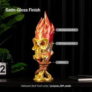 Snapmaker Silk Dual-Color PLA Filament — skull torch lamp showing a satin-gloss finish